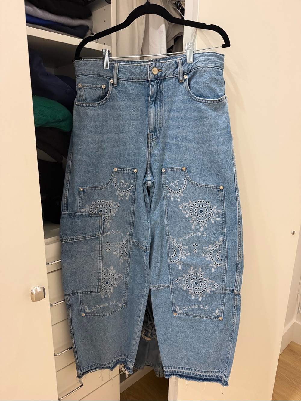 Ganni Broderie anglaise barrel-leg jeans